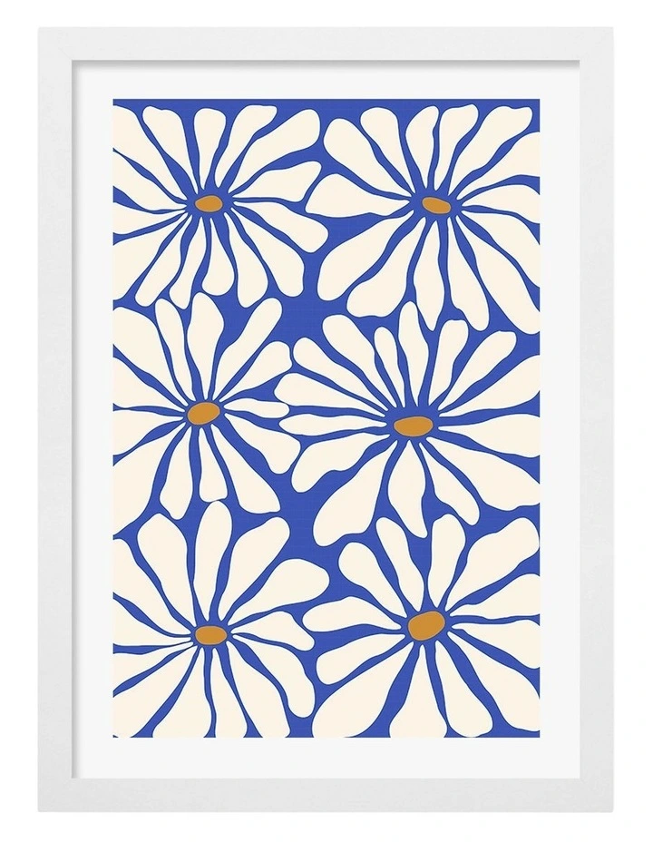 Australian Made Bold Blue Daisies Art Print White Frame image 1