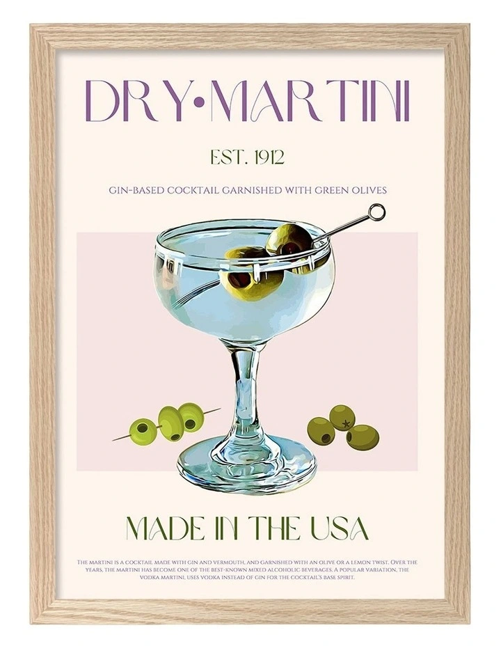 Australian Made Classic Dry Martini Art Print Natural Frame image 1