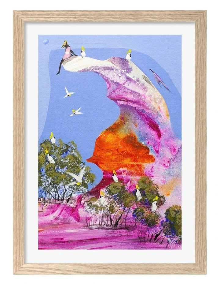 Australian Made Colourful Cockatoo Roost Art Print Natural Frame image 1