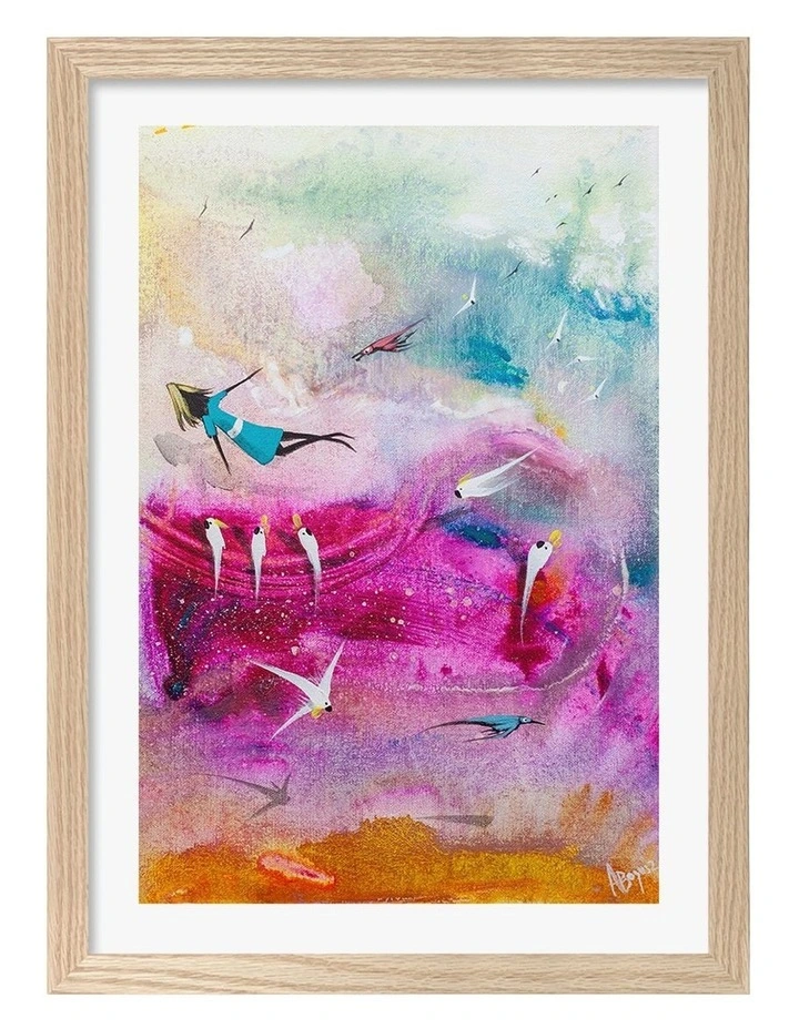 Australian Made Colourful Dream Flight Art Print Natural Frame image 1