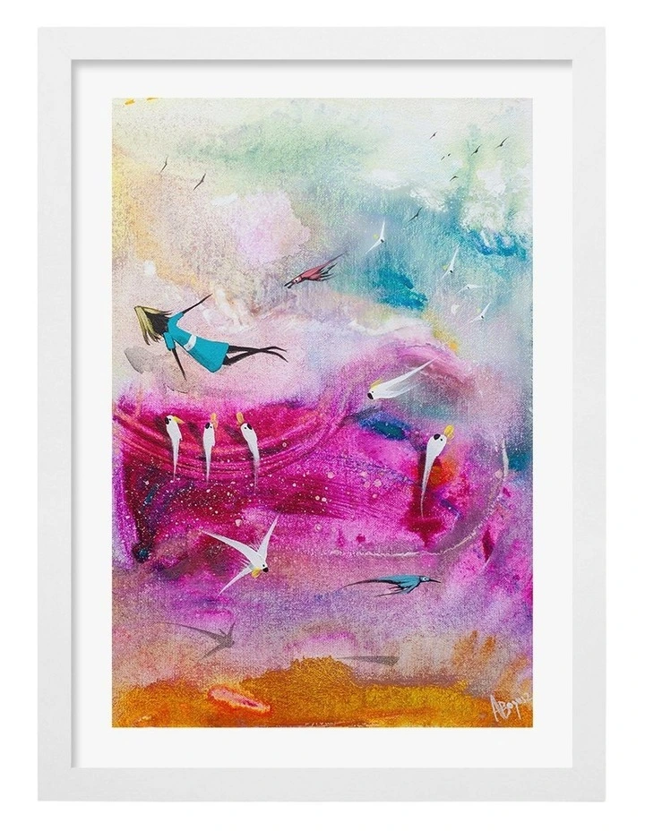 Australian Made Colourful Dream Flight Art Print White Frame image 1