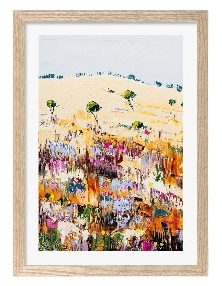 Australian Made Colourful Hillside Bloom Art Print Natural Frame image 1