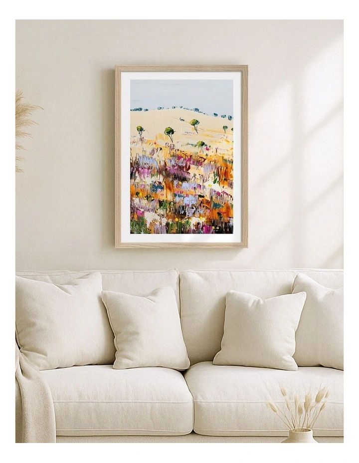 Australian Made Colourful Hillside Bloom Art Print Natural Frame image 2