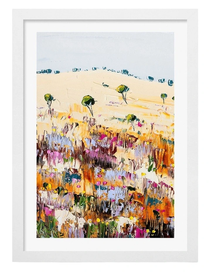 Australian Made Colourful Hillside Bloom Art Print White Frame image 1