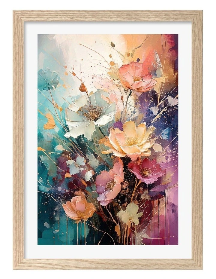 Australian Made Colourful Painterly Flowers Art Print Natural Frame image 1