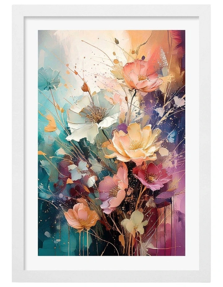 Australian Made Colourful Painterly Flowers Art Print White Frame image 1