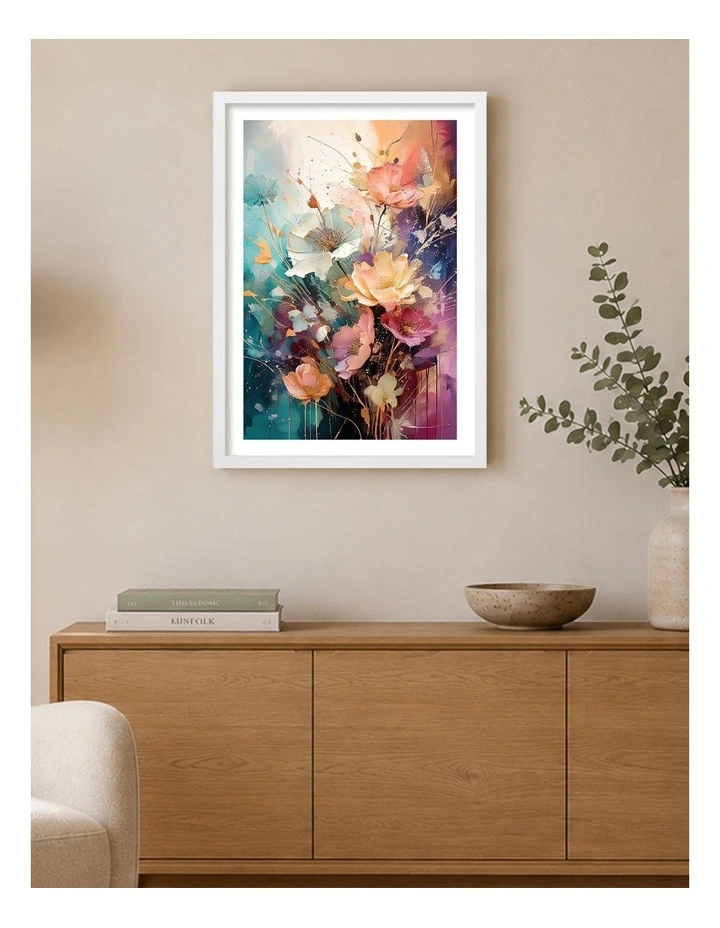 Australian Made Colourful Painterly Flowers Art Print White Frame image 2
