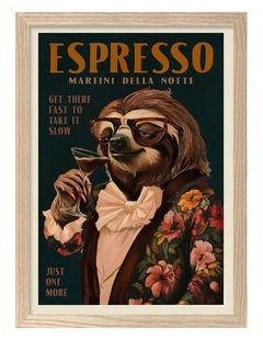 Australian Made Espresso Martini Sloth Art Print Natural Frame