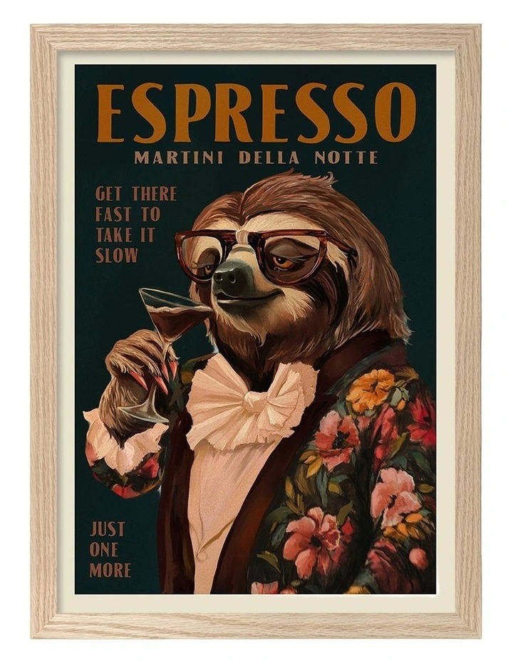 Australian Made Espresso Martini Sloth Art Print Natural Frame image 1