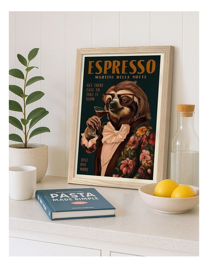 Australian Made Espresso Martini Sloth Art Print Natural Frame image 2