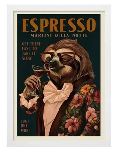 Australian Made Espresso Martini Sloth Art Print White Frame