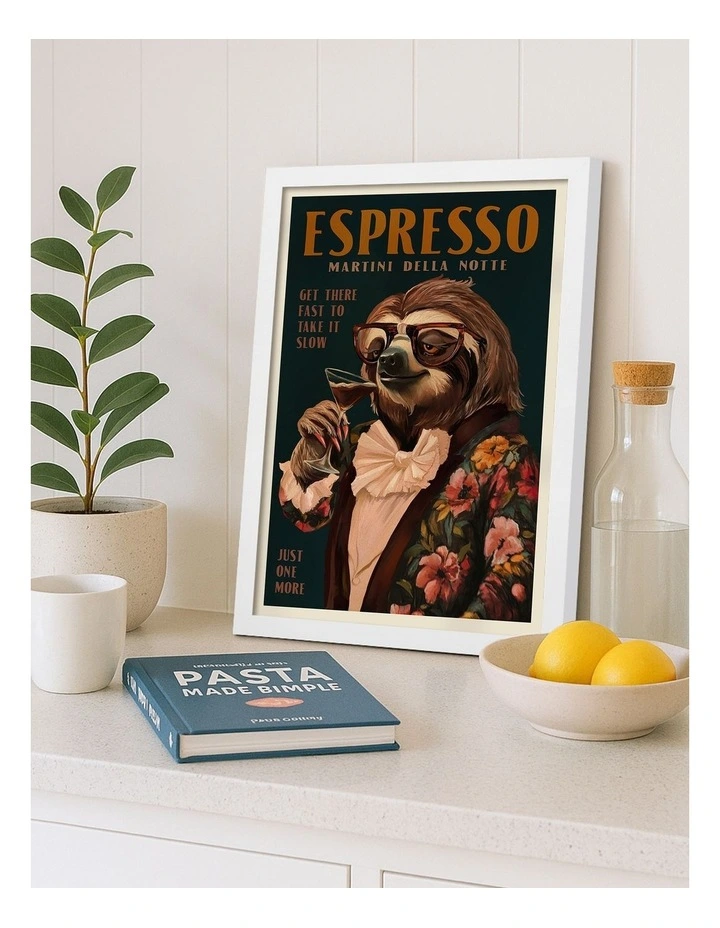 Australian Made Espresso Martini Sloth Art Print White Frame image 2