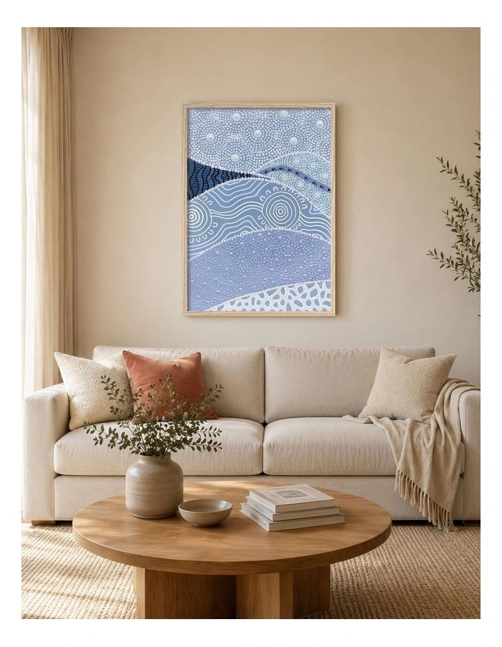 Australian Made Following the Old Ways Part 1 Blue Water Aboriginal Art Print Natural Frame image 2
