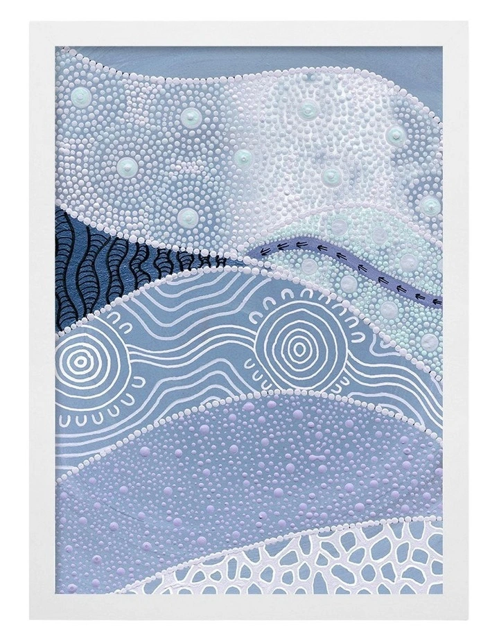 Australian Made Following the Old Ways Part 1 Blue Water Aboriginal Art Print White Frame image 1