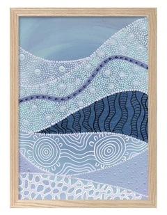 Australian Made Following the Old Ways Part 2 Blue Water Aboriginal Art Print Natural Frame