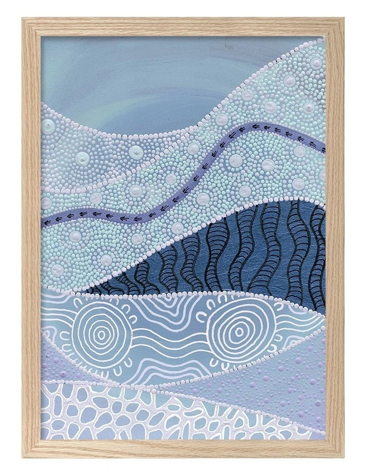 Australian Made Following the Old Ways Part 2 Blue Water Aboriginal Art Print Natural Frame image 1