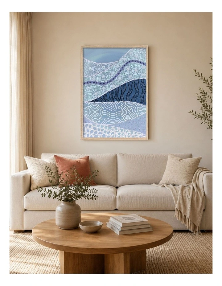 Australian Made Following the Old Ways Part 2 Blue Water Aboriginal Art Print Natural Frame image 2