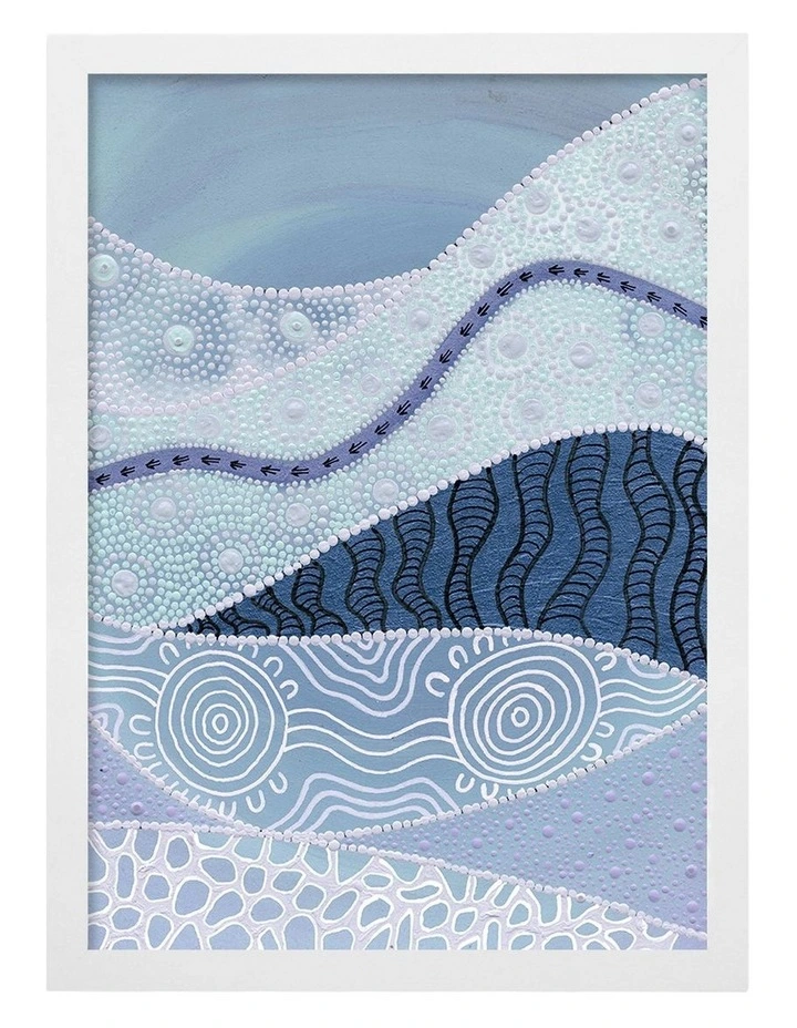 Australian Made Following the Old Ways Part 2 Blue Water Aboriginal Art Print White Frame image 1