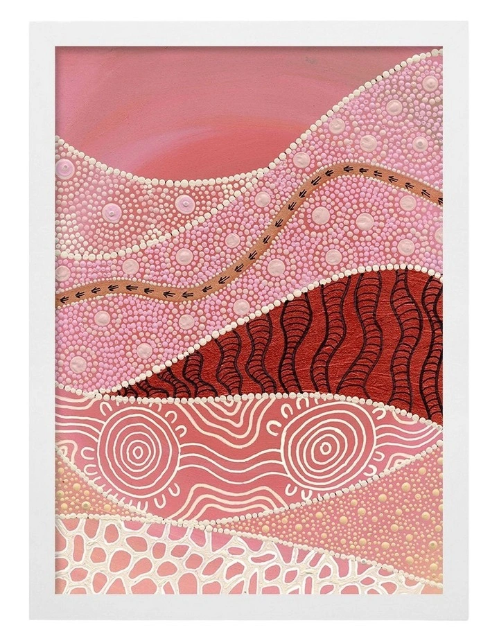 Australian Made Following the Old Ways Part 2 Red Earth Aboriginal Art Print White Frame image 1