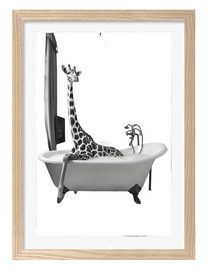 Australian Made Giraffe Glam Soak Art Print Natural Frame image 1