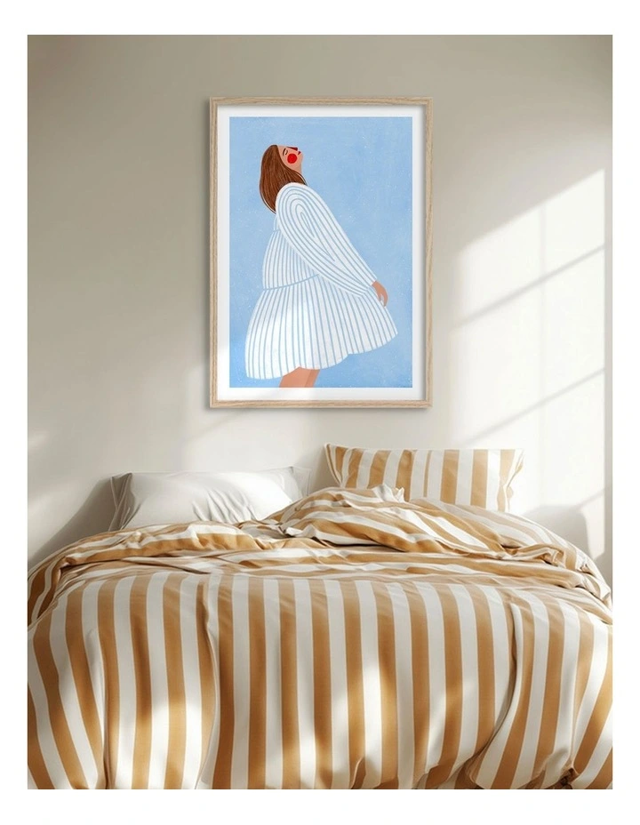 Australian Made Joyful Woman Blue Stripes Art Print Natural Frame image 2