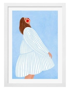 Australian Made Joyful Woman Blue Stripes Art Print White Frame