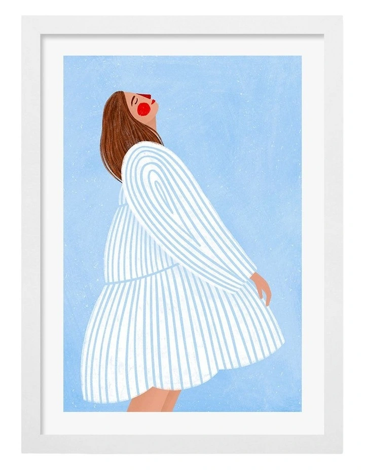 Australian Made Joyful Woman Blue Stripes Art Print White Frame image 1