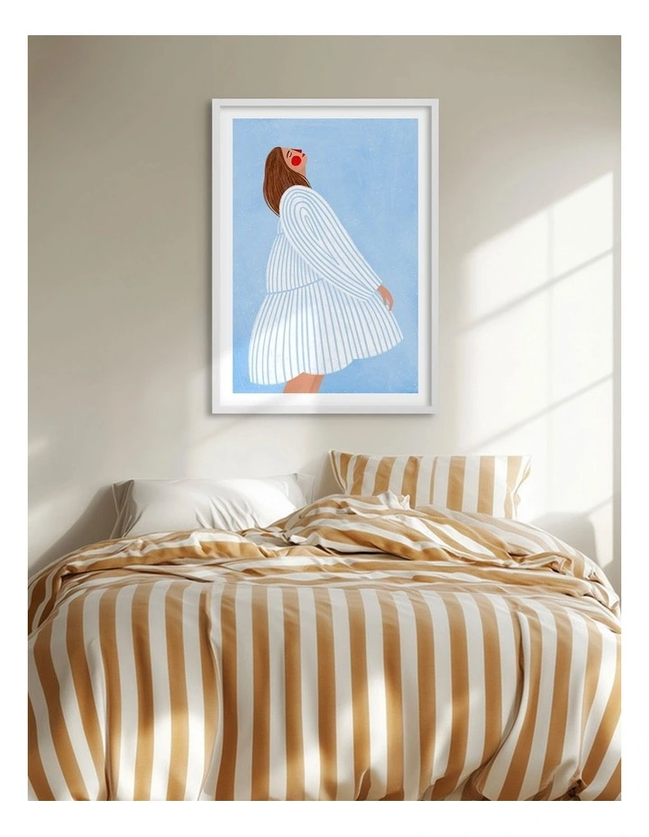 Australian Made Joyful Woman Blue Stripes Art Print White Frame image 2