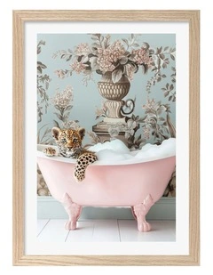 Australian Made Leopard Bubble Bath Art Print Natural Frame