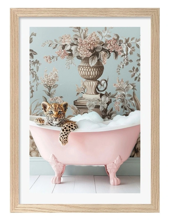 Australian Made Leopard Bubble Bath Art Print Natural Frame image 1