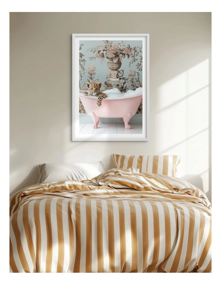 Australian Made Leopard Bubble Bath Art Print White Frame image 2