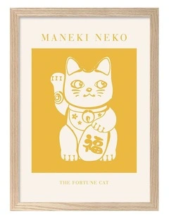 Australian Made Maneki Neko Lucky Cat Art Print Natural Frame