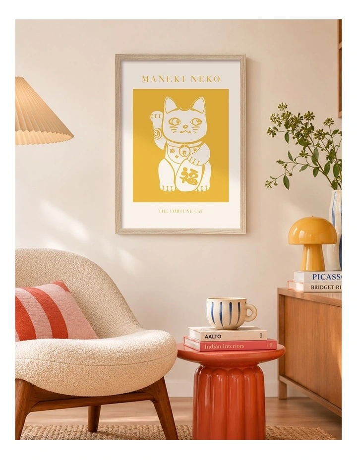Australian Made Maneki Neko Lucky Cat Art Print Natural Frame image 2