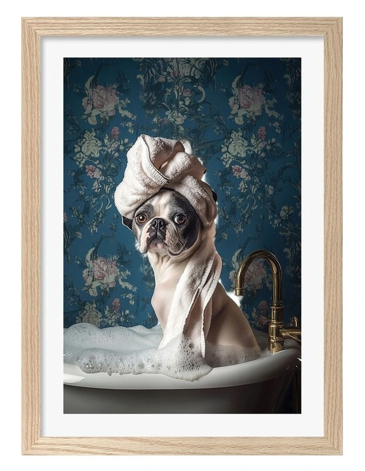 Australian Made Pampered Dog Bath Art Print Natural Frame image 1