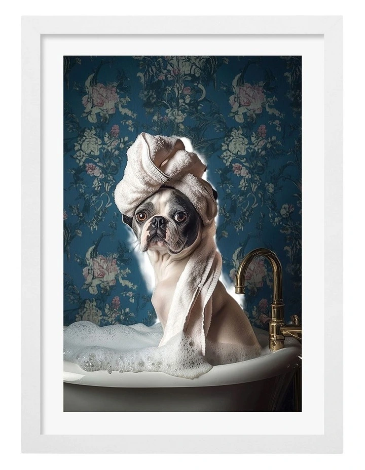 Australian Made Pampered Dog Bath Art Print White Frame image 1