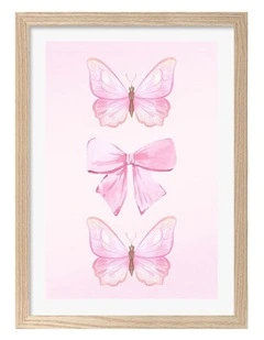Australian Made Pink Butterflies and Bow Art Print Natural Frame