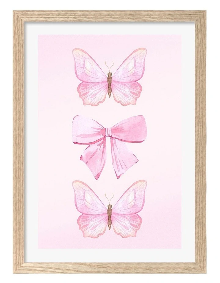 Australian Made Pink Butterflies and Bow Art Print Natural Frame image 1