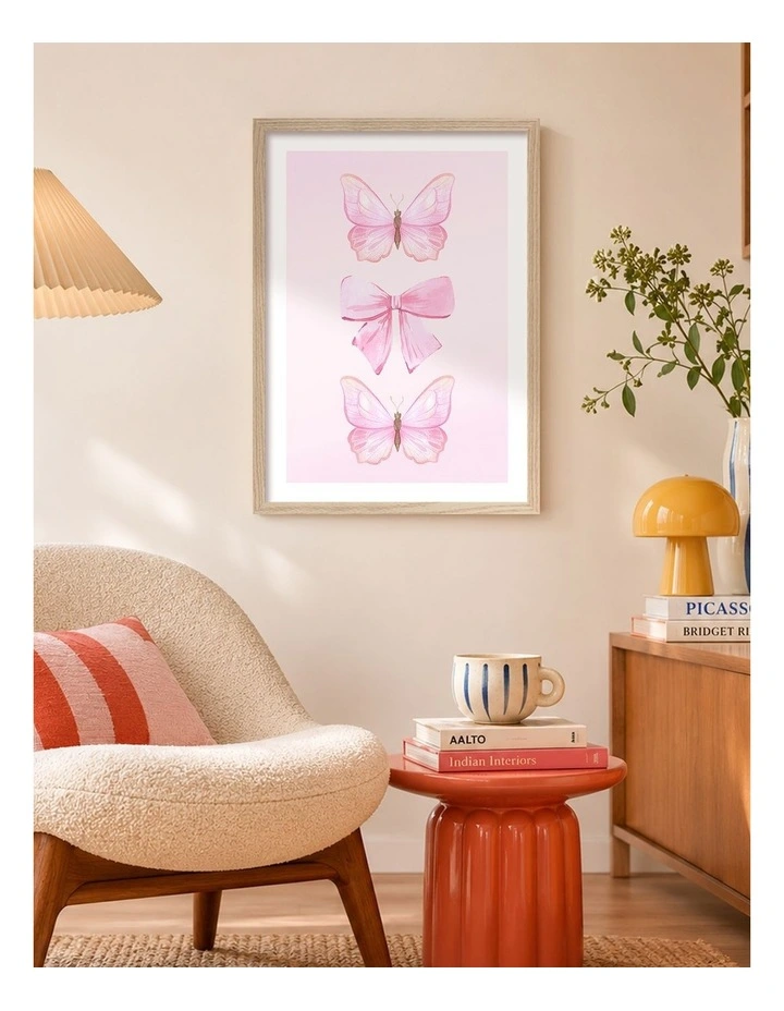 Australian Made Pink Butterflies and Bow Art Print Natural Frame image 2