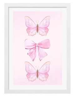 Australian Made Pink Butterflies and Bow Art Print White Frame