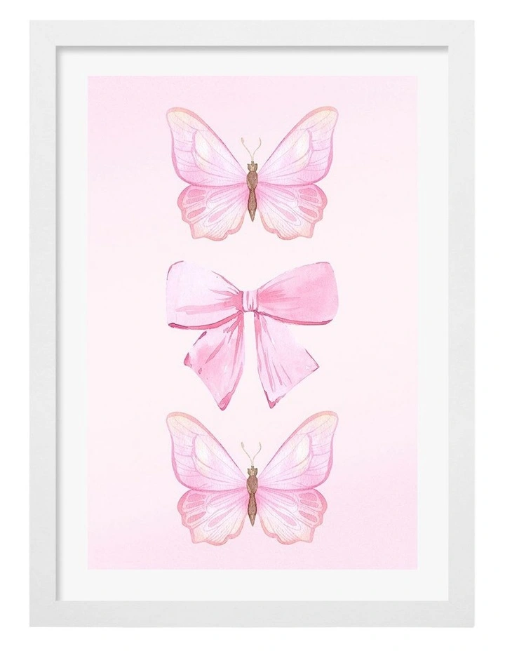 Australian Made Pink Butterflies and Bow Art Print White Frame image 1