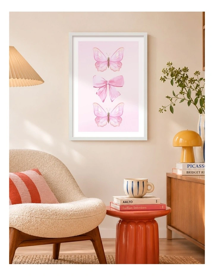 Australian Made Pink Butterflies and Bow Art Print White Frame image 2