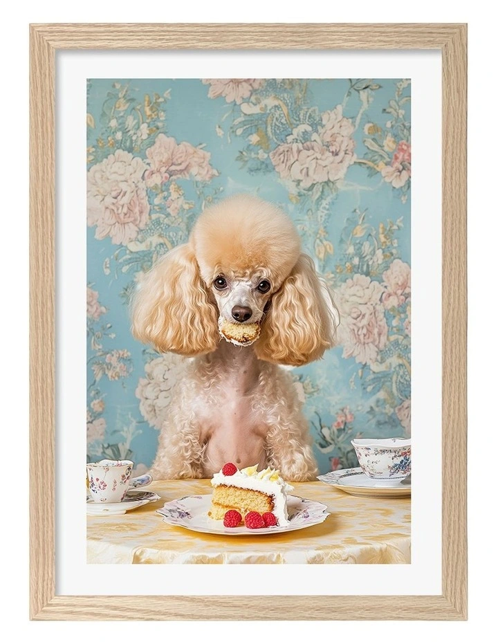 Australian Made Poodle Tea Party Art Print Natural Frame image 1