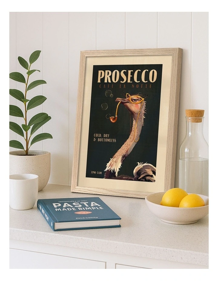Australian Made Prosecco Ostrich Art Print Natural Frame image 2