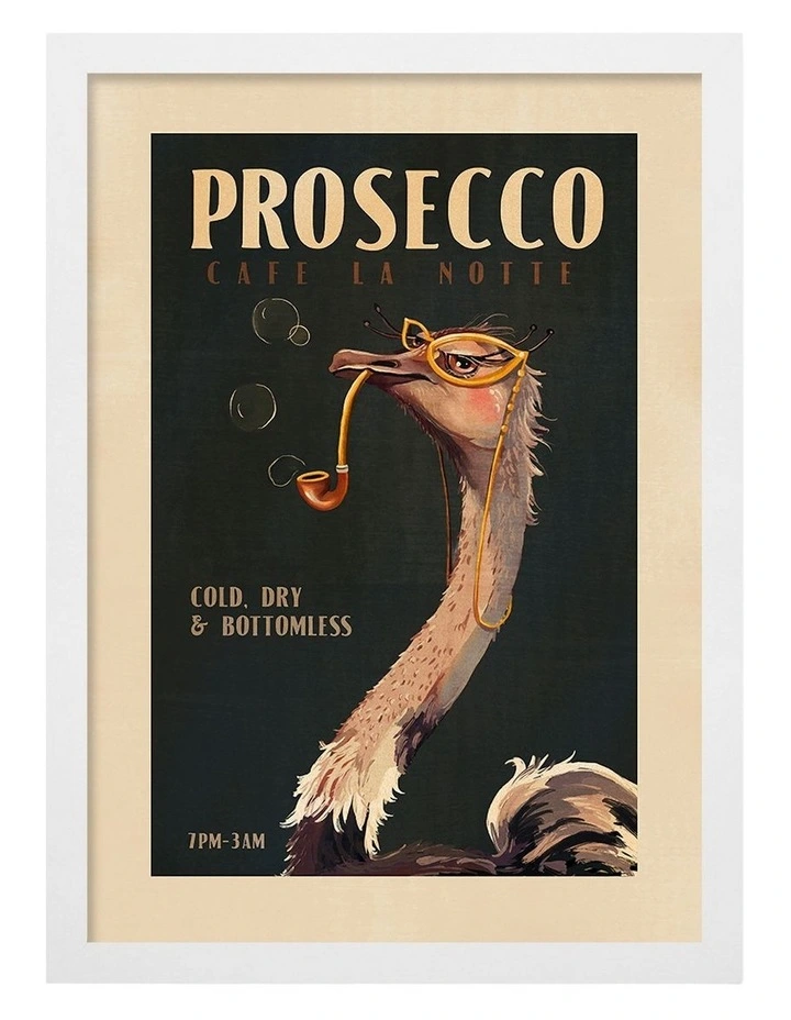 Australian Made Prosecco Ostrich Art Print White Frame image 1