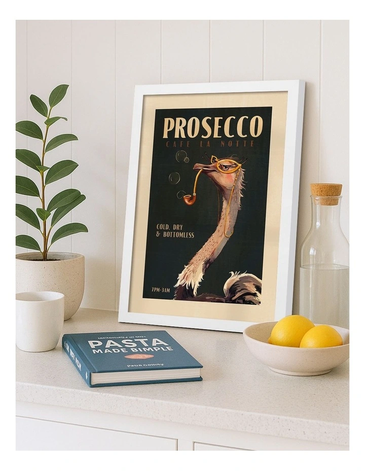 Australian Made Prosecco Ostrich Art Print White Frame image 2