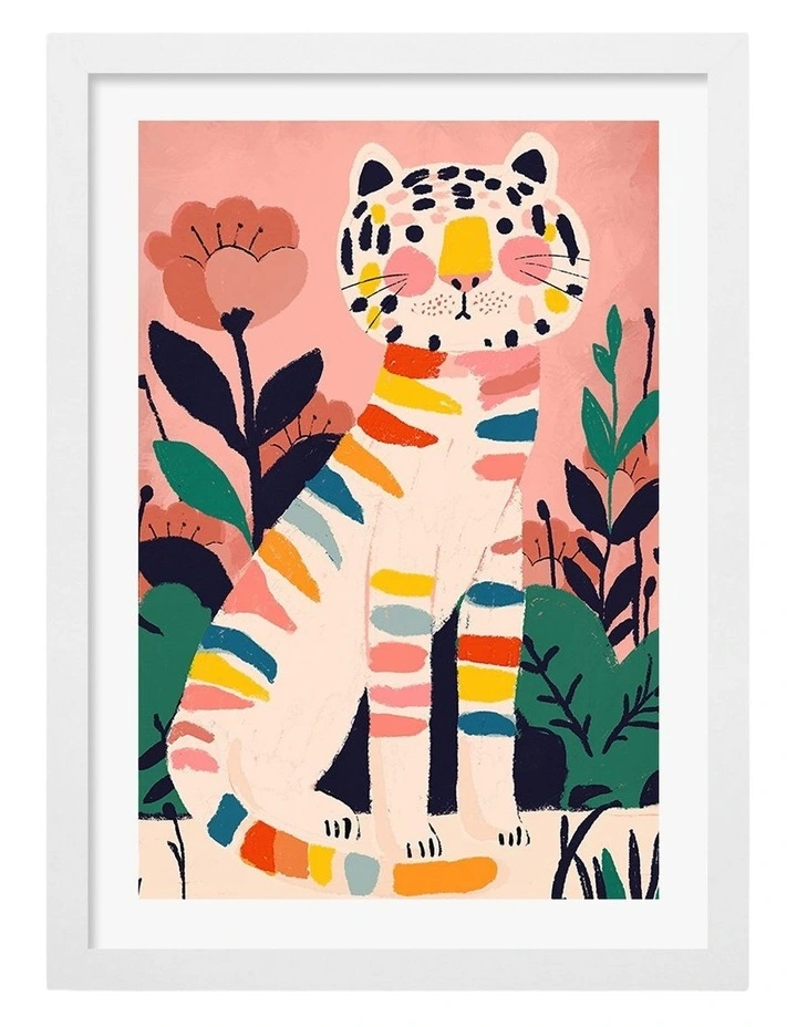Australian Made Rainbow Tiger Jungle Art Print White Frame image 1