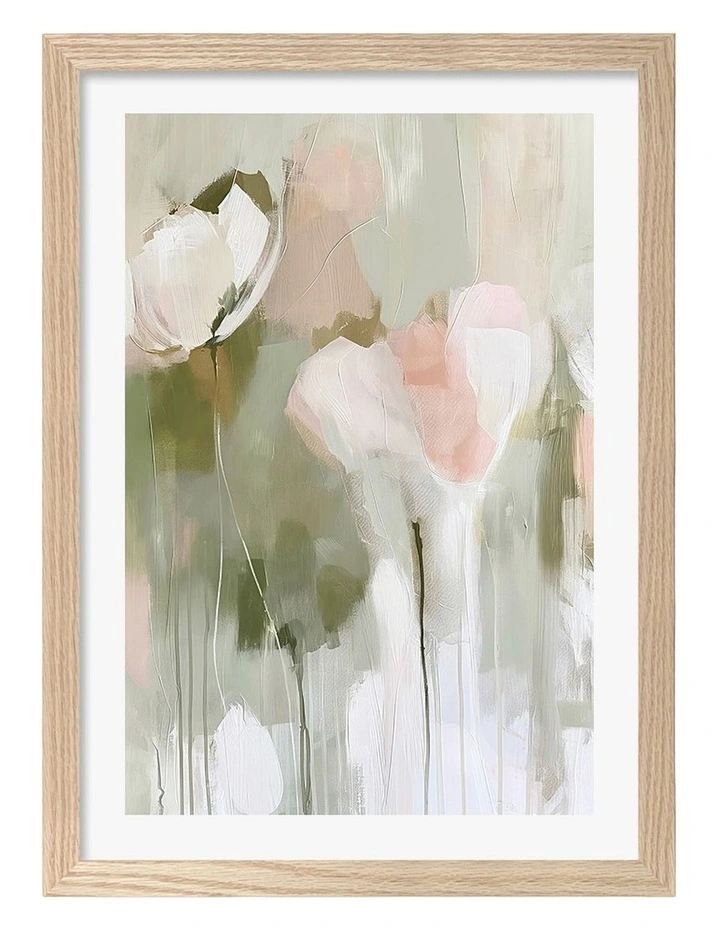 Australian Made Soft Abstract Flowers Art Print Natural Frame image 1