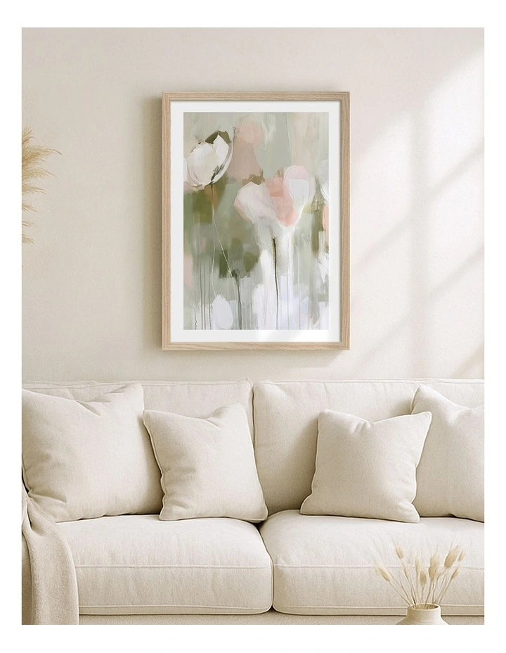 Australian Made Soft Abstract Flowers Art Print Natural Frame image 2