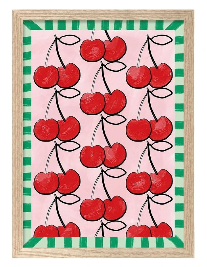 Australian Made Sweet Cherry Pattern Art Print Natural Frame image 1