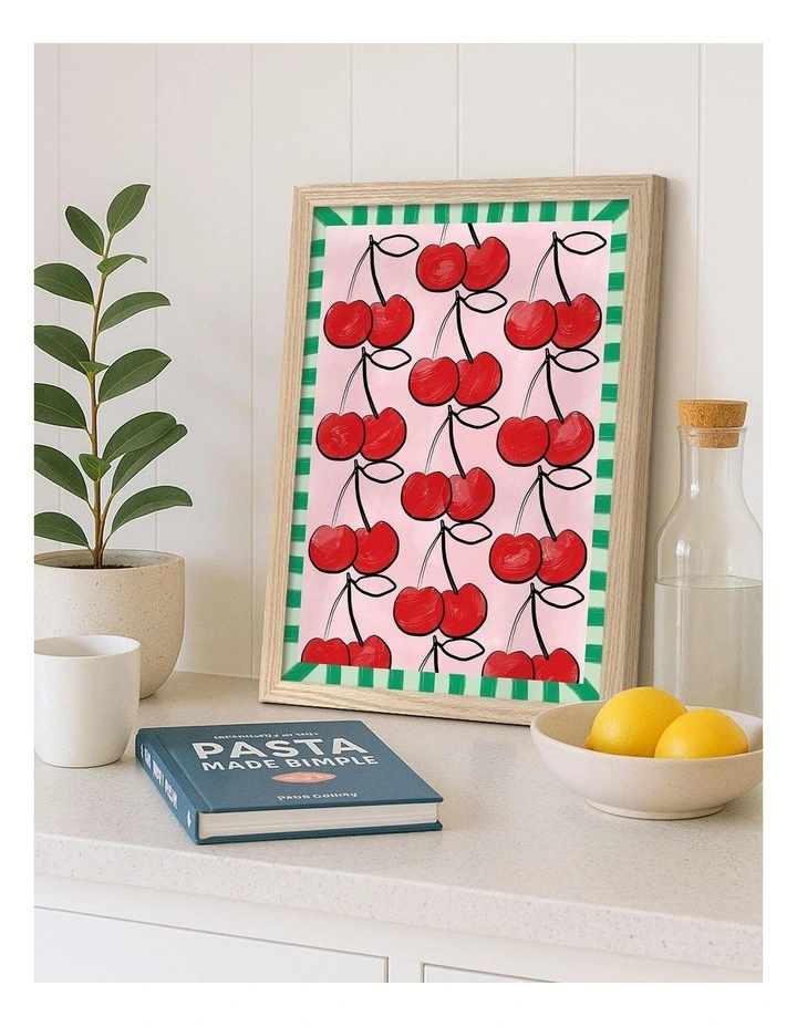 Australian Made Sweet Cherry Pattern Art Print Natural Frame image 2